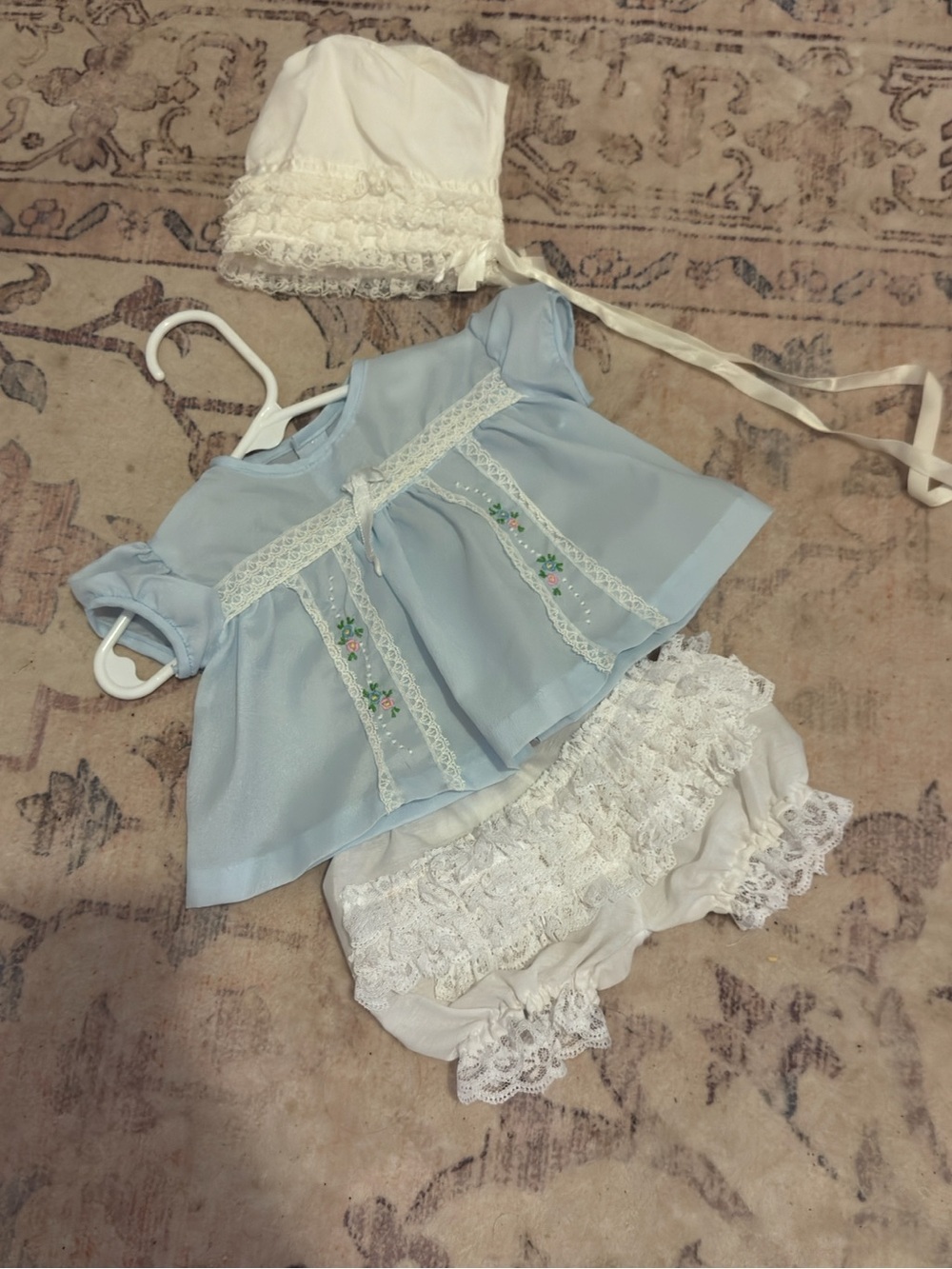 Vintage Blue Lace Infant Dress Set with White Bonnet & Bloomers